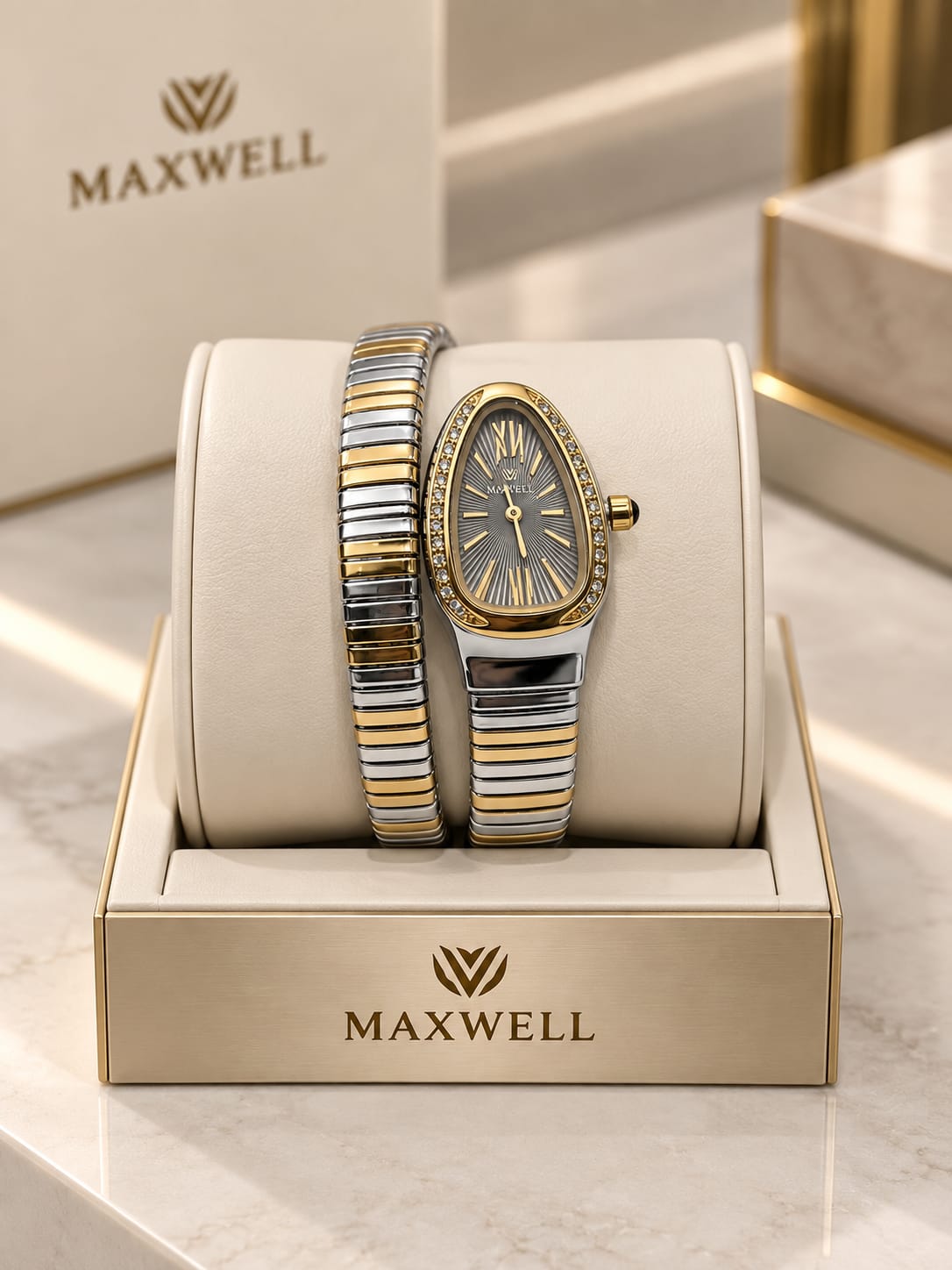 Maxwell Luxury Women’s Watch – Elegant Gold & Silver Stainless Steel Bracelet Watch  ساعة ماكسويل النسائية الفاخرة – تصميم أنيق باللونين الذهبي والفضي