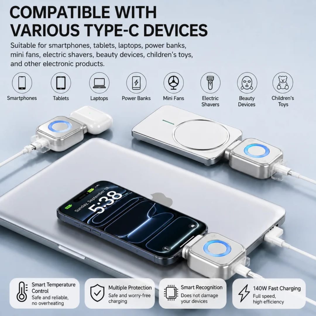 140W Ultra-Fast USB-C Charger with Dual-Channel Protection & RGB Light Ring شاحن USB-C سريع للغاية بقوة 140 واط مع حماية مزدوجة وإضاءة RGB
